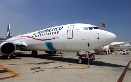 Man steps onto plane wing, backed by passengers