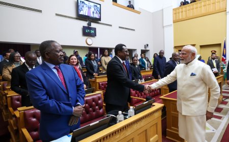 PM receives a rousing welcome along with standing ovation upon his arrival at the Joint Session of the Parliament of the Republic of Namibia