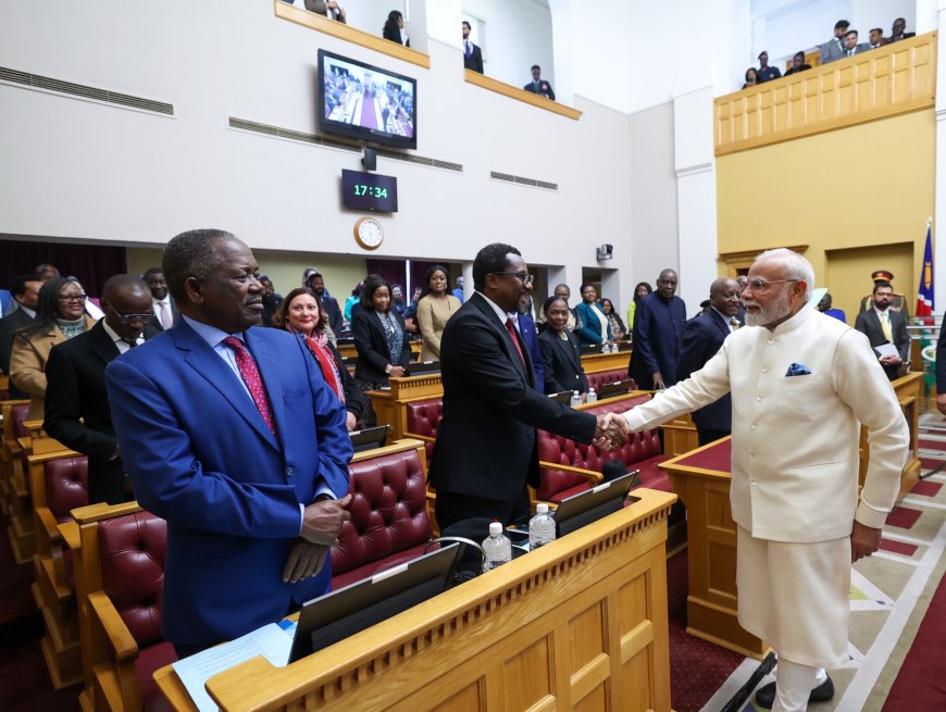 PM receives a rousing welcome along with standing ovation upon his arrival at the Joint Session of the Parliament of the Republic of Namibia